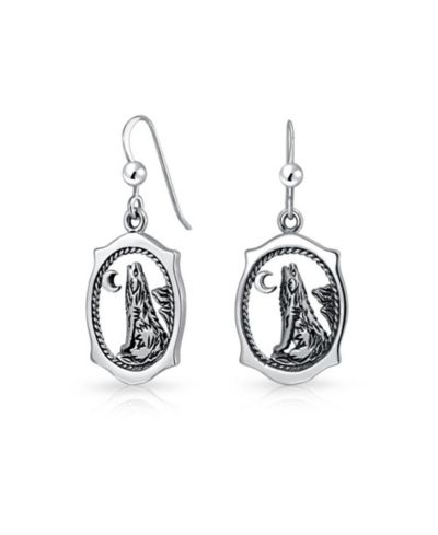Bling Jewelry Animal Oval Moon Howling Wolf Dangle Earrings Oxidized .925 Sterling Silver