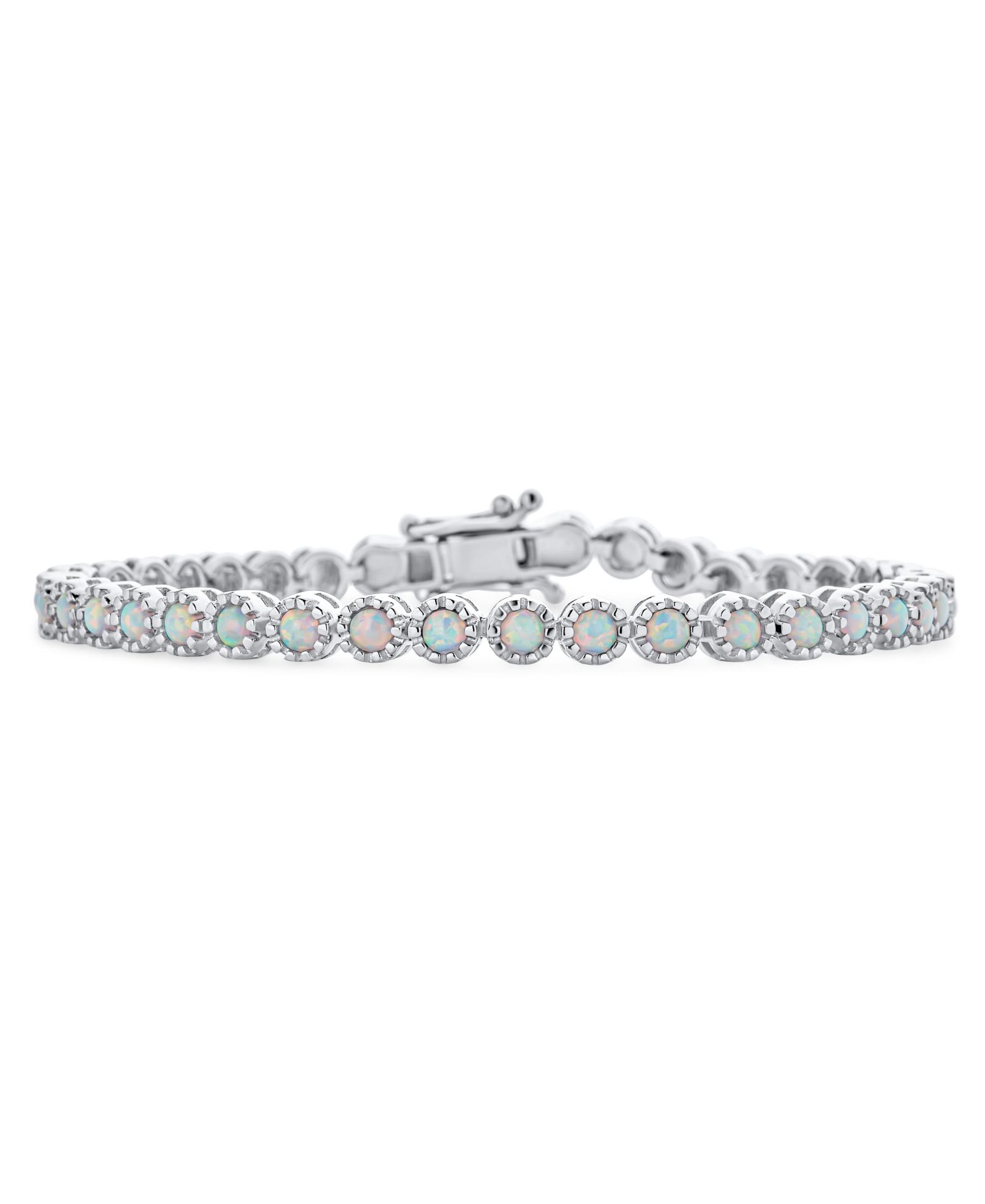 Bling Jewelry Round Created White Opal Milgrain Tennis Bracelet .925 Sterling Silver 7"