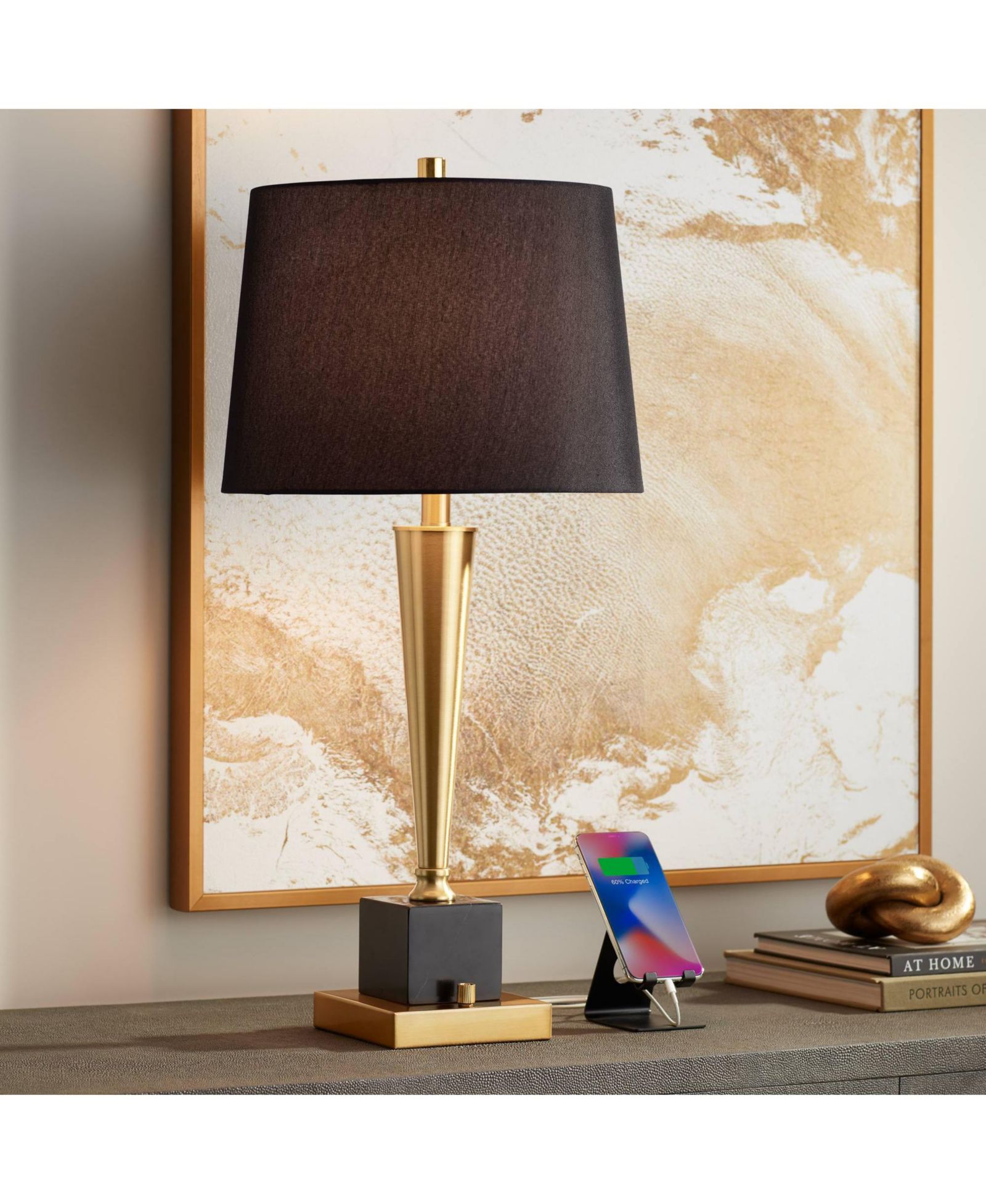 Possini Euro Design Wayne 29 1/4" Tall Modern End Table Lamp USB Port Brass Finish Metal Marble Single Living Room Charging