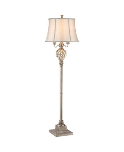 Barnes and Ivy Olde Vintage Floor Lamp 63 1/2" Tall Olde Silver with LED Nightlight Mercury Glass Faux Silk Bell Shade for Living Room Office House