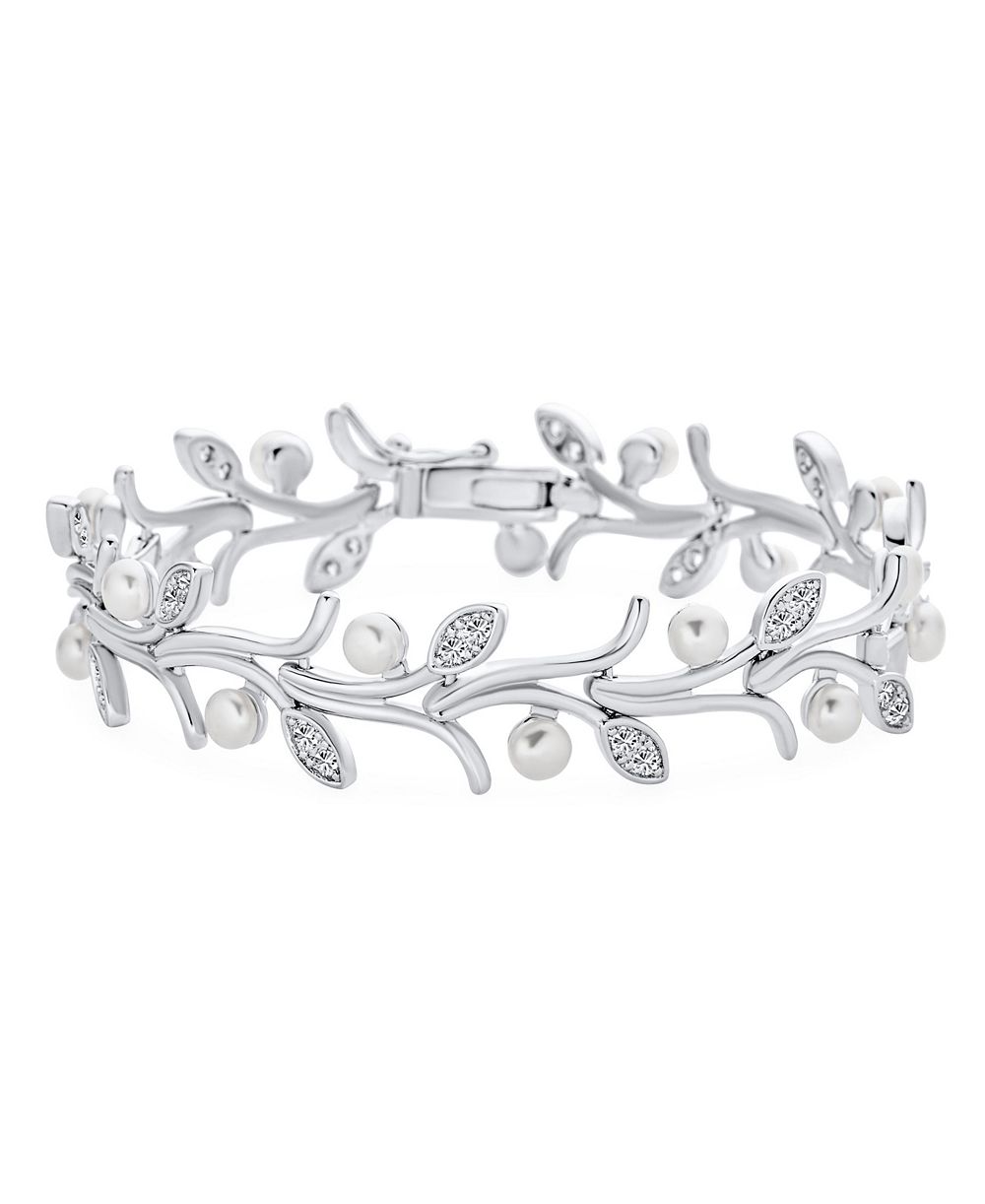 Серебряный браслет Bling Jewelry с акцентом из кубического циркония в виде листьев и пресноводной культивированной жемчужиной, позолоченный, 7"