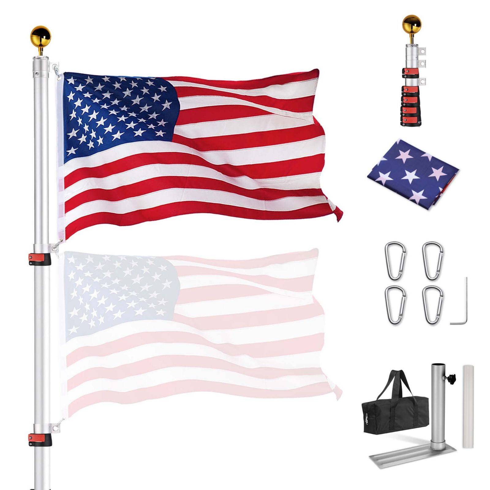 Yescom EZ GO 20ft Telescopic Flag Pole Kit Wheel Tire Mount Stand Upgrade Rotating Lock Outdoor Camper RV Tailgate