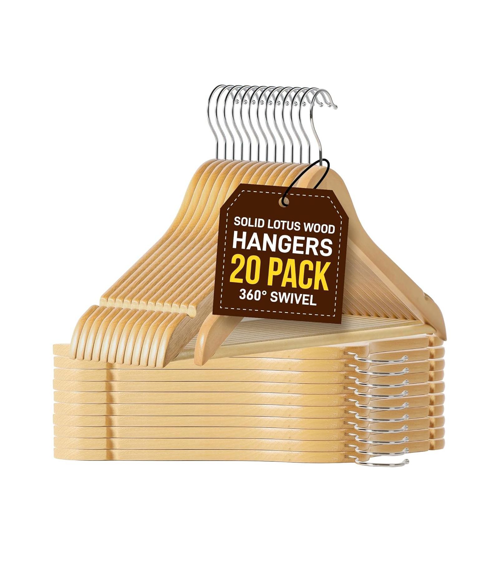 Bakken- Swiss Wooden Hanger Set - 20 Pieces Non-Slip Versatile Closet Space-Saving Hanger Set for Suit, Coat, Camisole, Jacket, Pants, and Dresses with Rotating Swivel Hook - Natural Wood