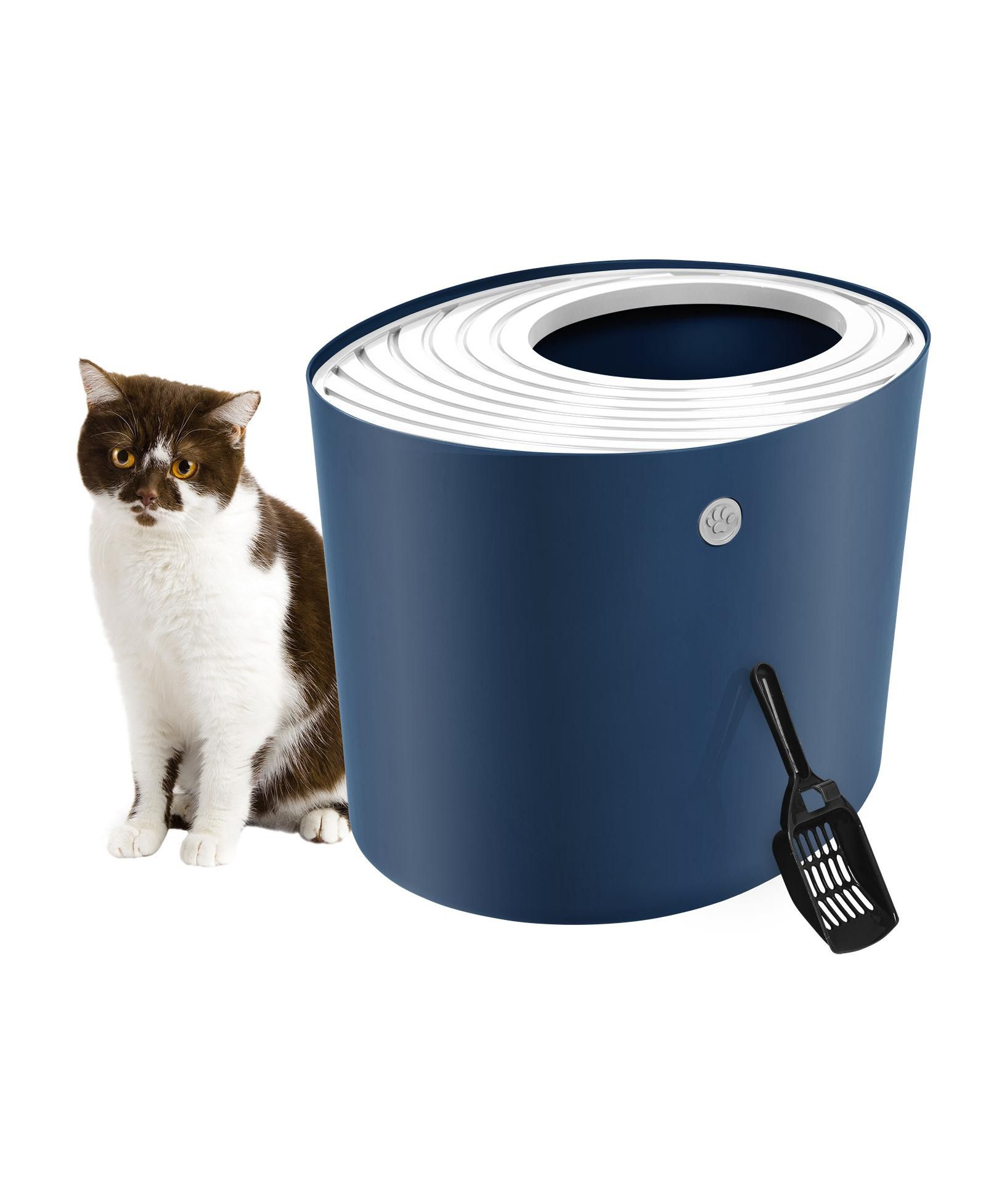 IRIS Large Stylish Round Top Entry Cat Litter Box with Scoop, Curved Kitty Litter Pan with Litter Particle Catching
