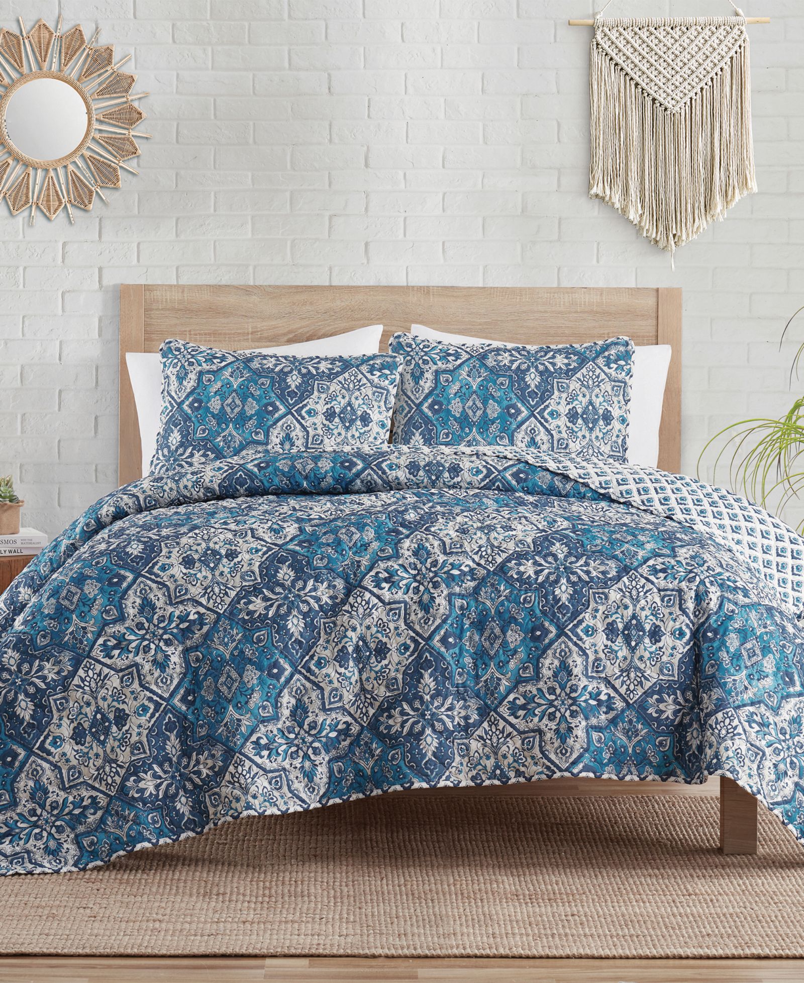 Indigo Ink White Denim Medallion реверсивный комплект из 3-х стеганых одеял, Full/Queen