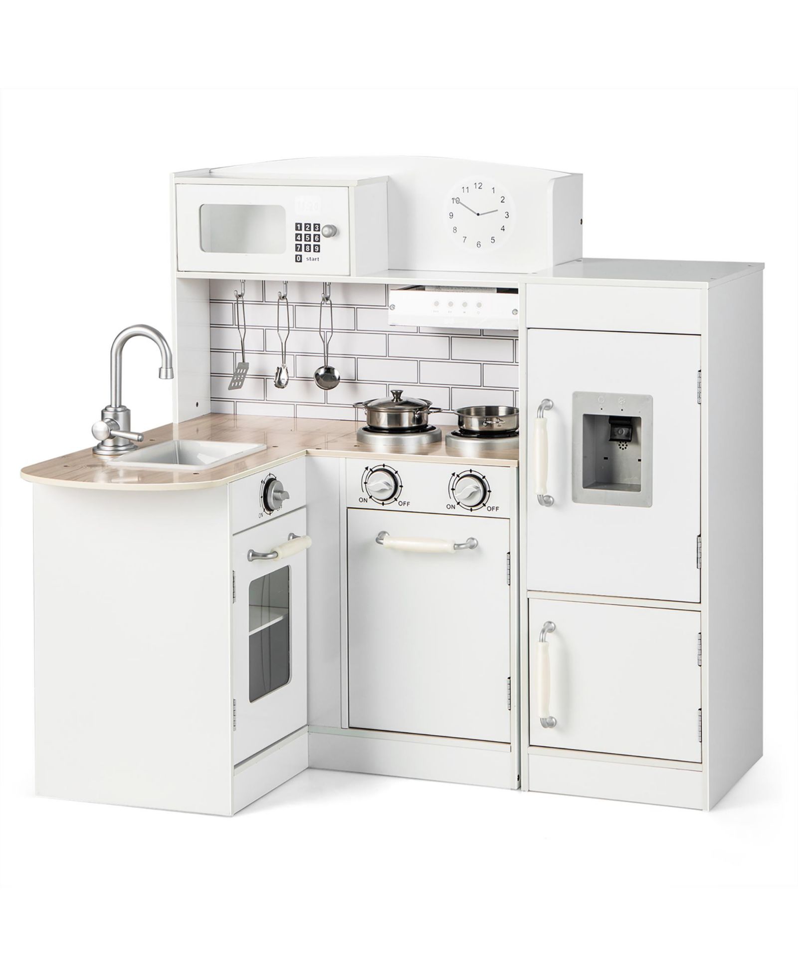 Costway игровой набор детской кухни из дерева с микроволновкой и холодильником