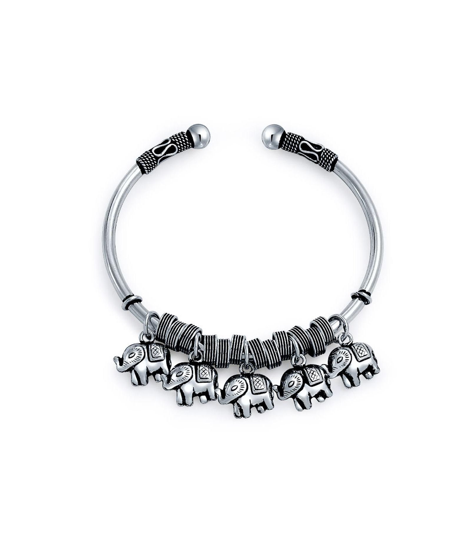 Браслет Bling Jewelry Lucky Elephant Bangle Bracelet Sterling Silver Bali Style 5 Charms Dangling Good Luck Antiqued