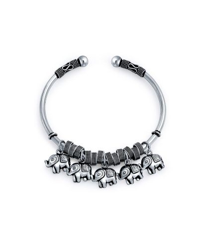 Браслет Bling Jewelry Lucky Elephant Bangle Bracelet Sterling Silver Bali Style 5 Charms Dangling Good Luck Antiqued