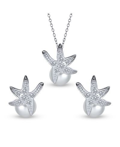 Bling Jewelry Набор из колье и серег Bling Jewelry Nautical Round Simulated Pearl Starfish, Silver