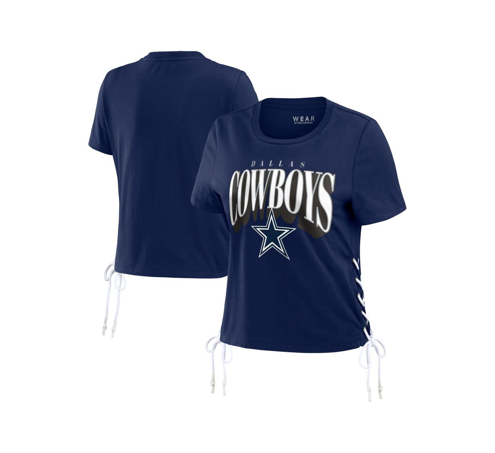 WEAR by Erin Andrews Women's Navy Dallas Cowboys Lace Up Side Modest Cropped T-Shirt