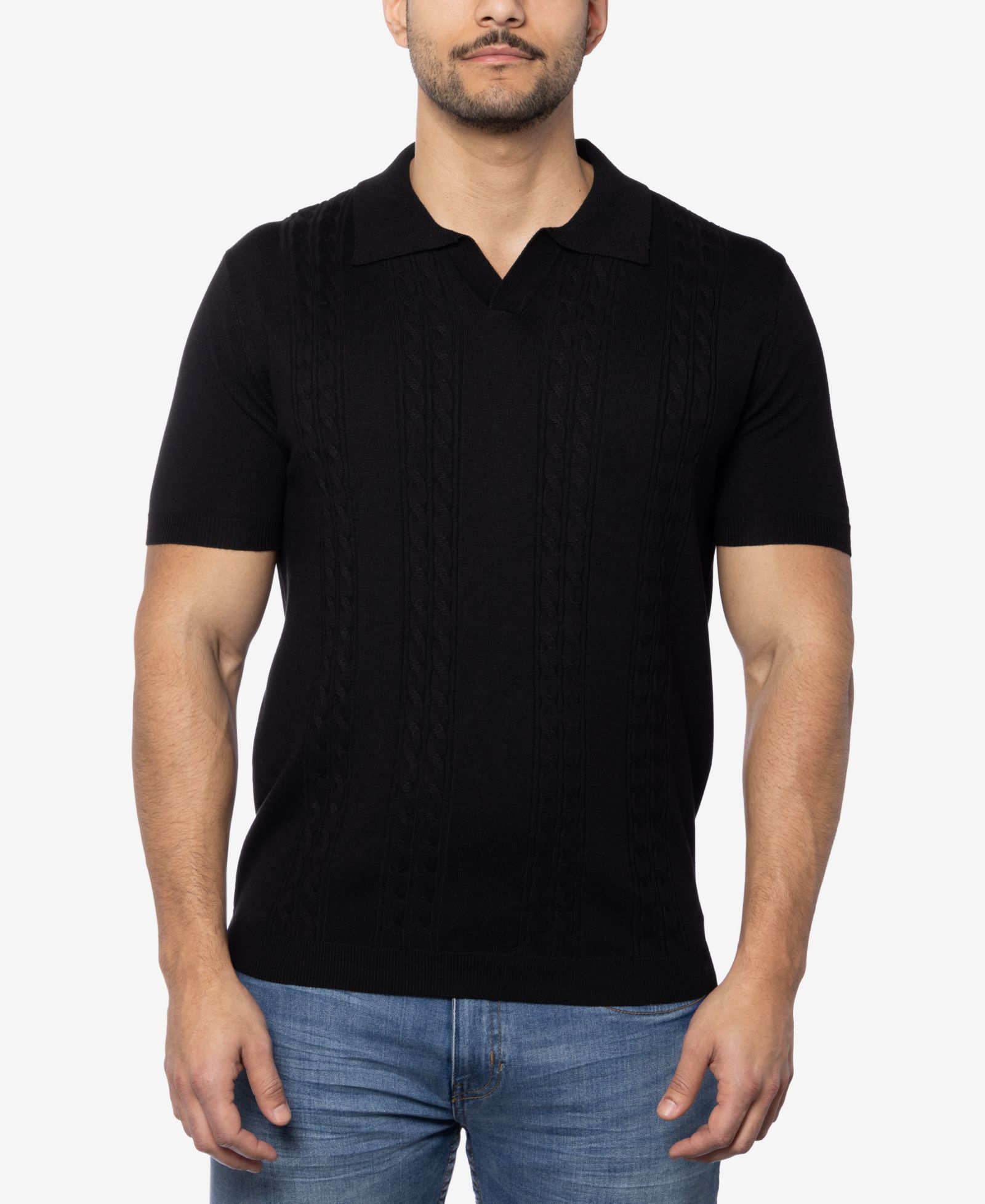 SPRING + MERCER Men's Cable Knit Johnny Collar Short Sleeve Sweater Polo
