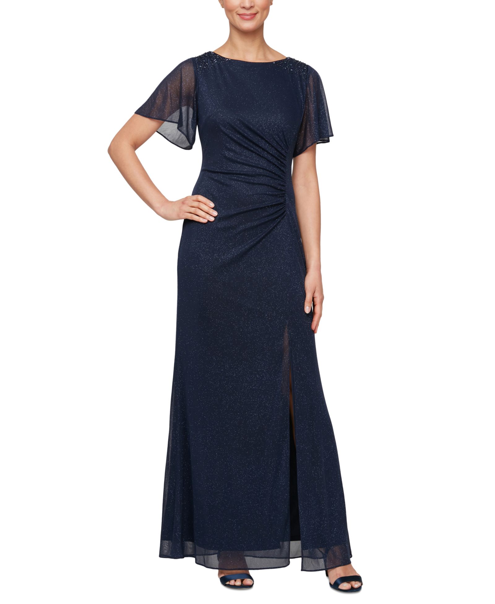 SL Fashions Women's Round-Neck Flutter-Sleeve Gown