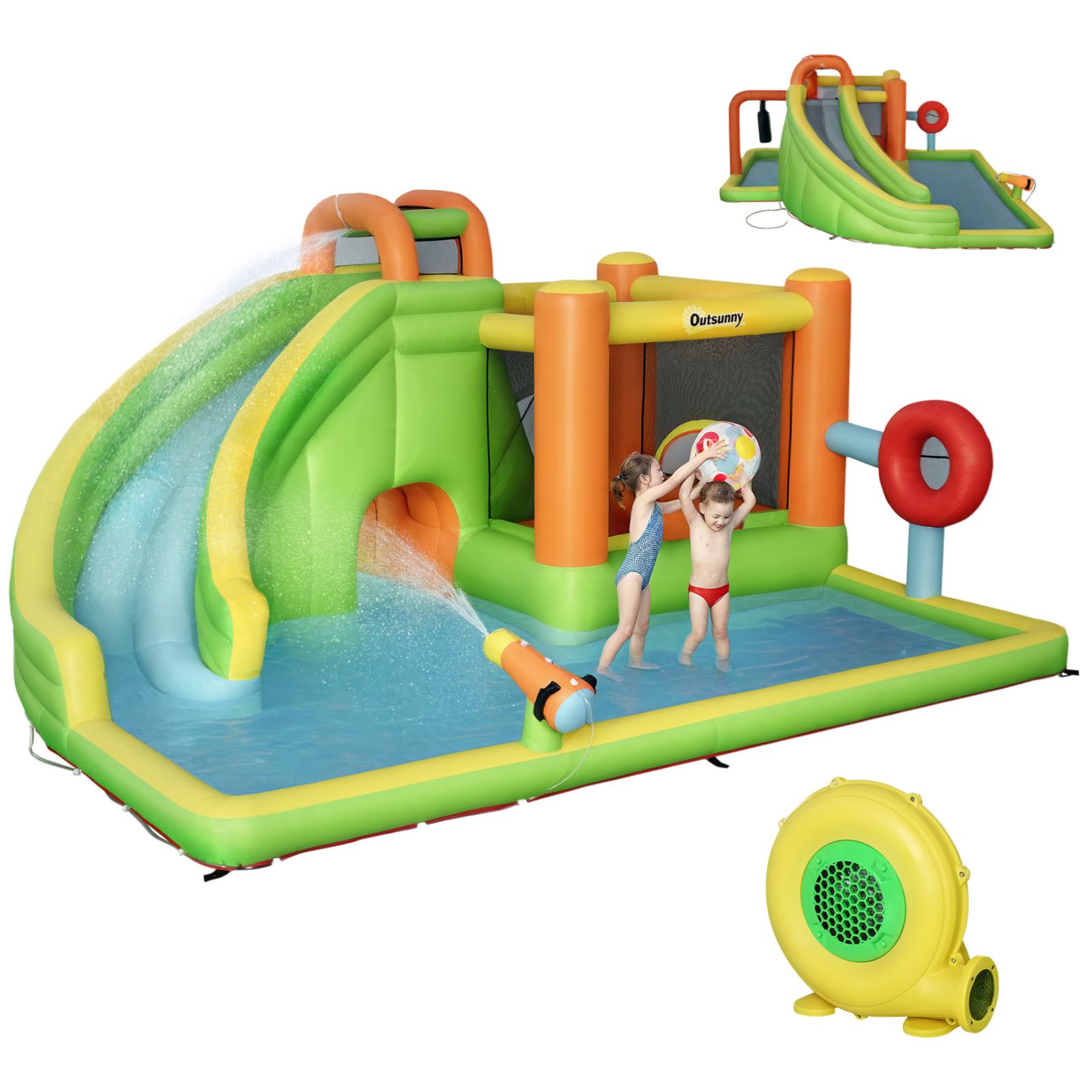 Надувной игровой комплекс Outsunny 7-in-1 Backyard Inflatable Bounce House с горкой и водяным пулеметом