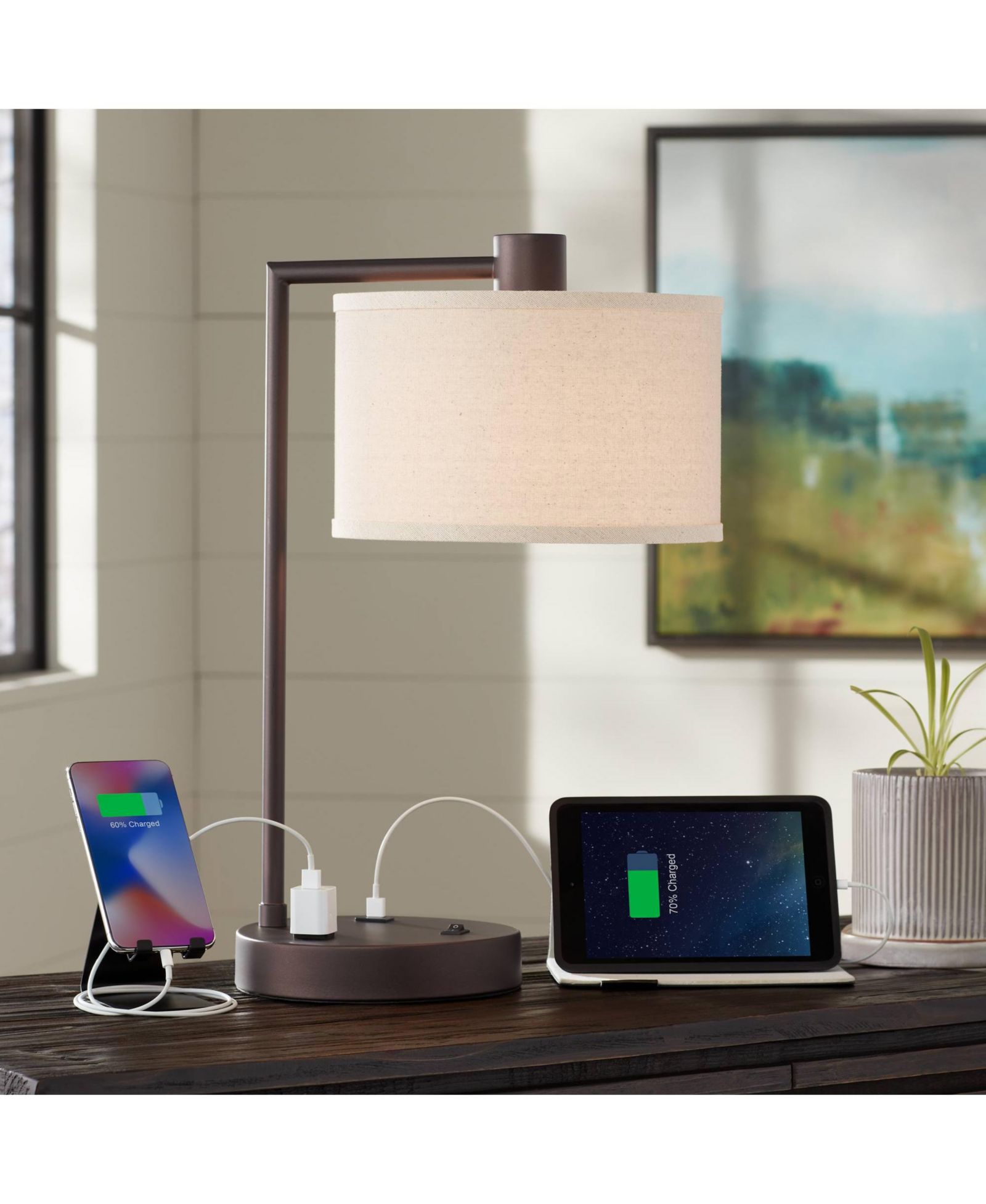 Современная настольная лампа 360 Lighting Colby Bronze с USB и розеткой в основании