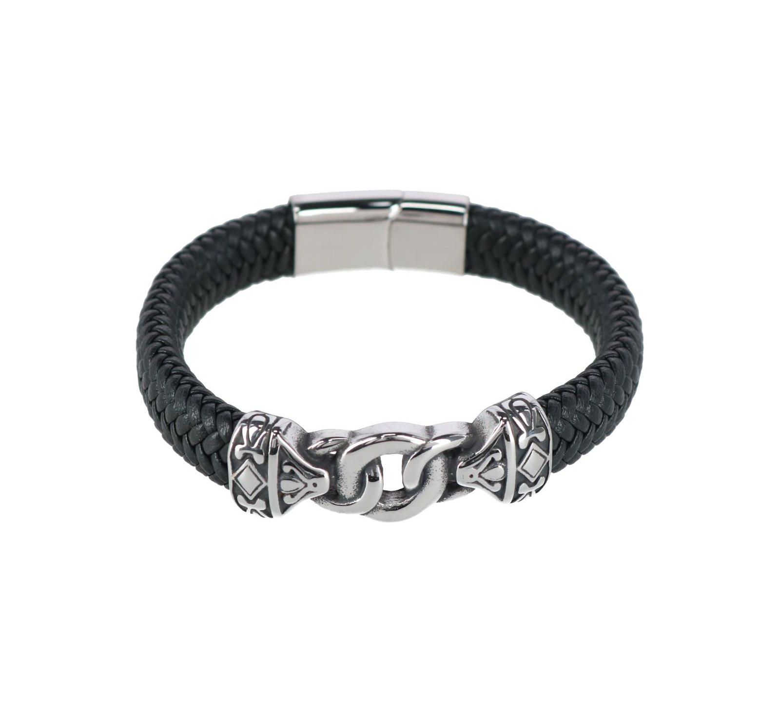 Trafalgar браслет из черной кожи с узором Silver Interlock