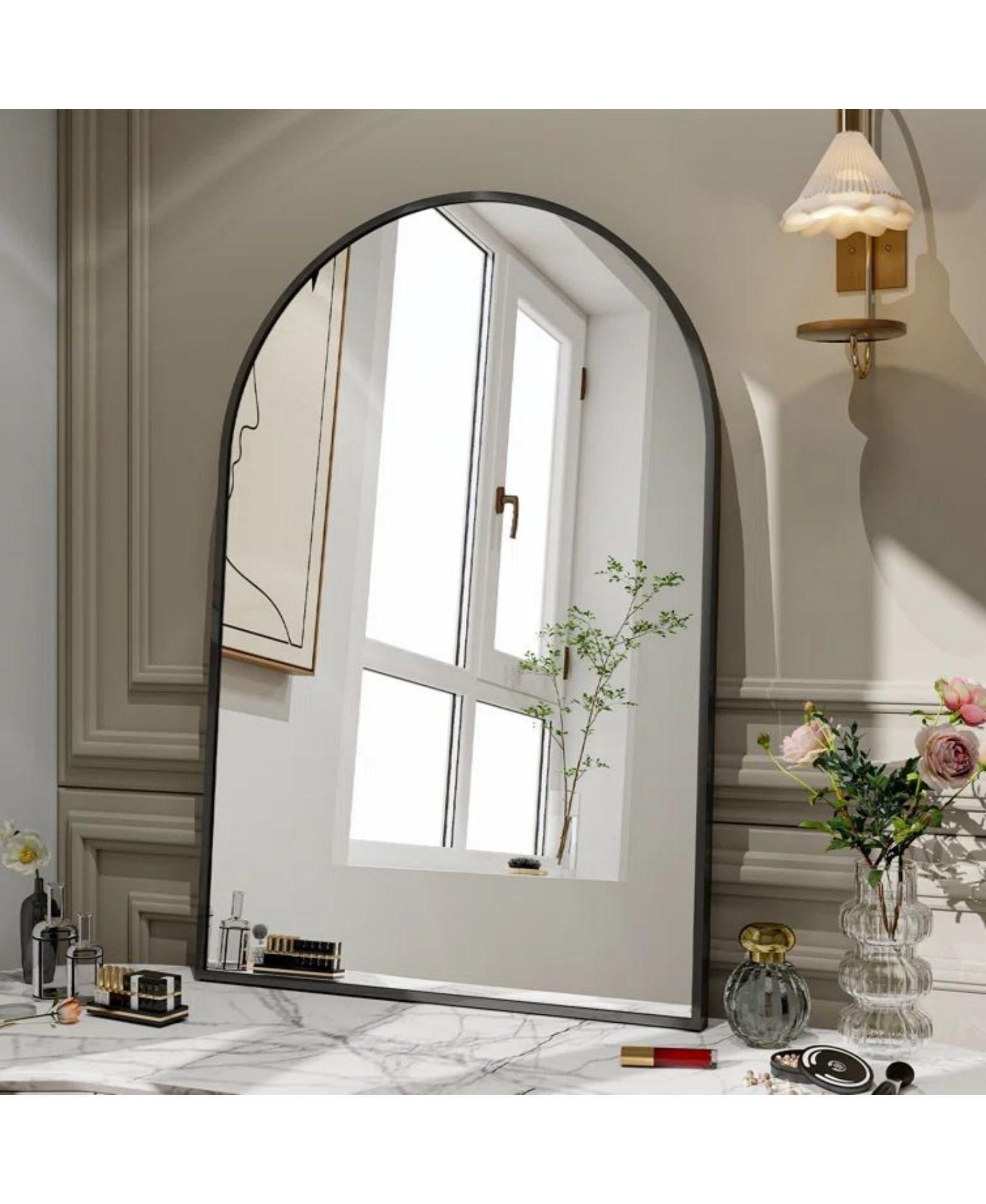 24" x 36" Arched Mantle Mirror, Black-HOMLUX: Metal Frame, Wall Mount, Modern Decor