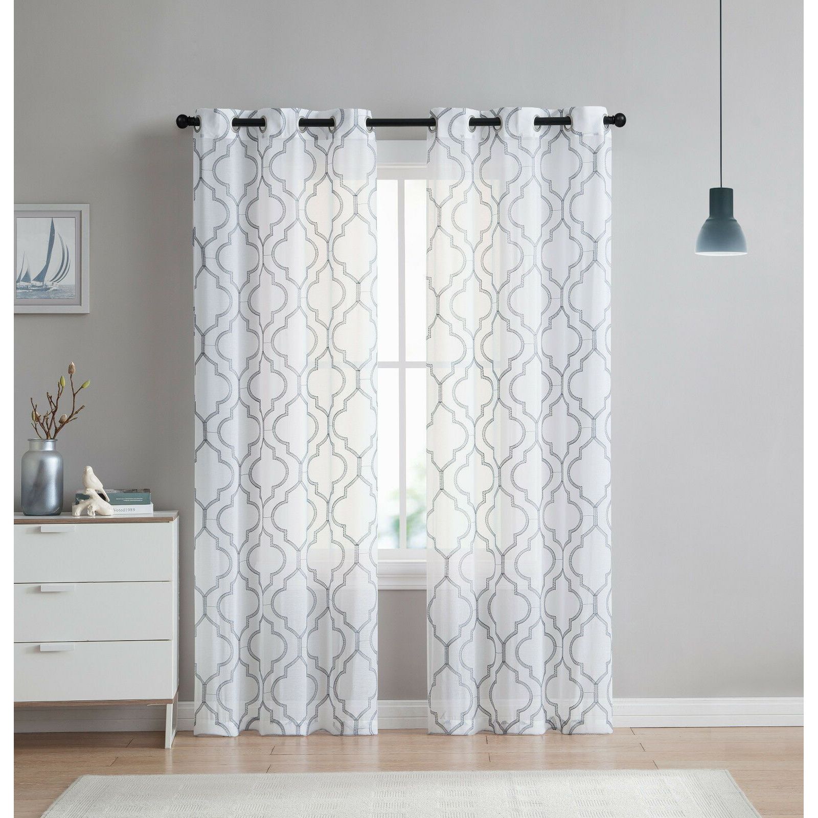 Kate Aurora 2 Piece Charlotte Clover Trellis Grommet Top Sheer Voile Window Curtain Panels