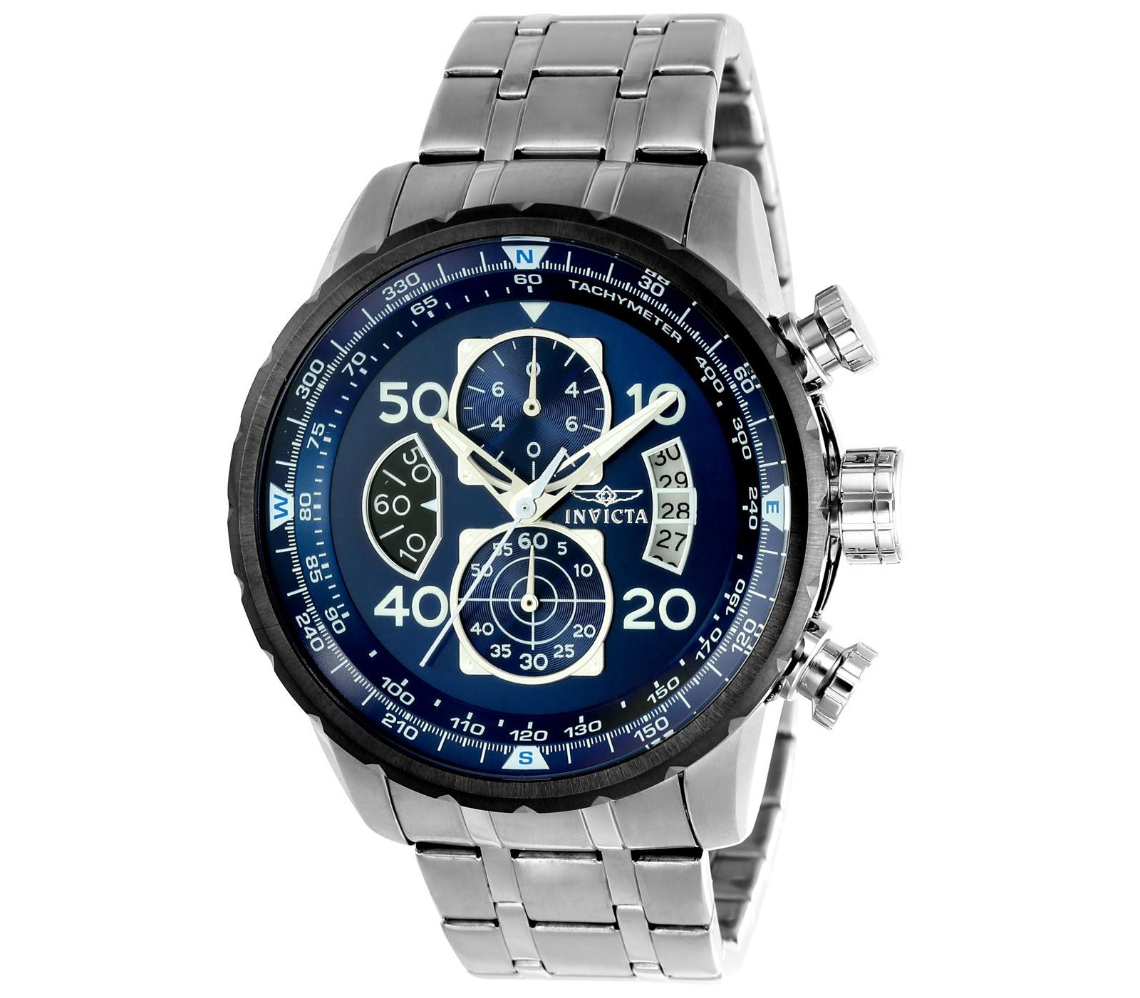 Мужские наручные часы Invicta Aviator Quartz Multifunction с синим циферблатом и стальным браслетом