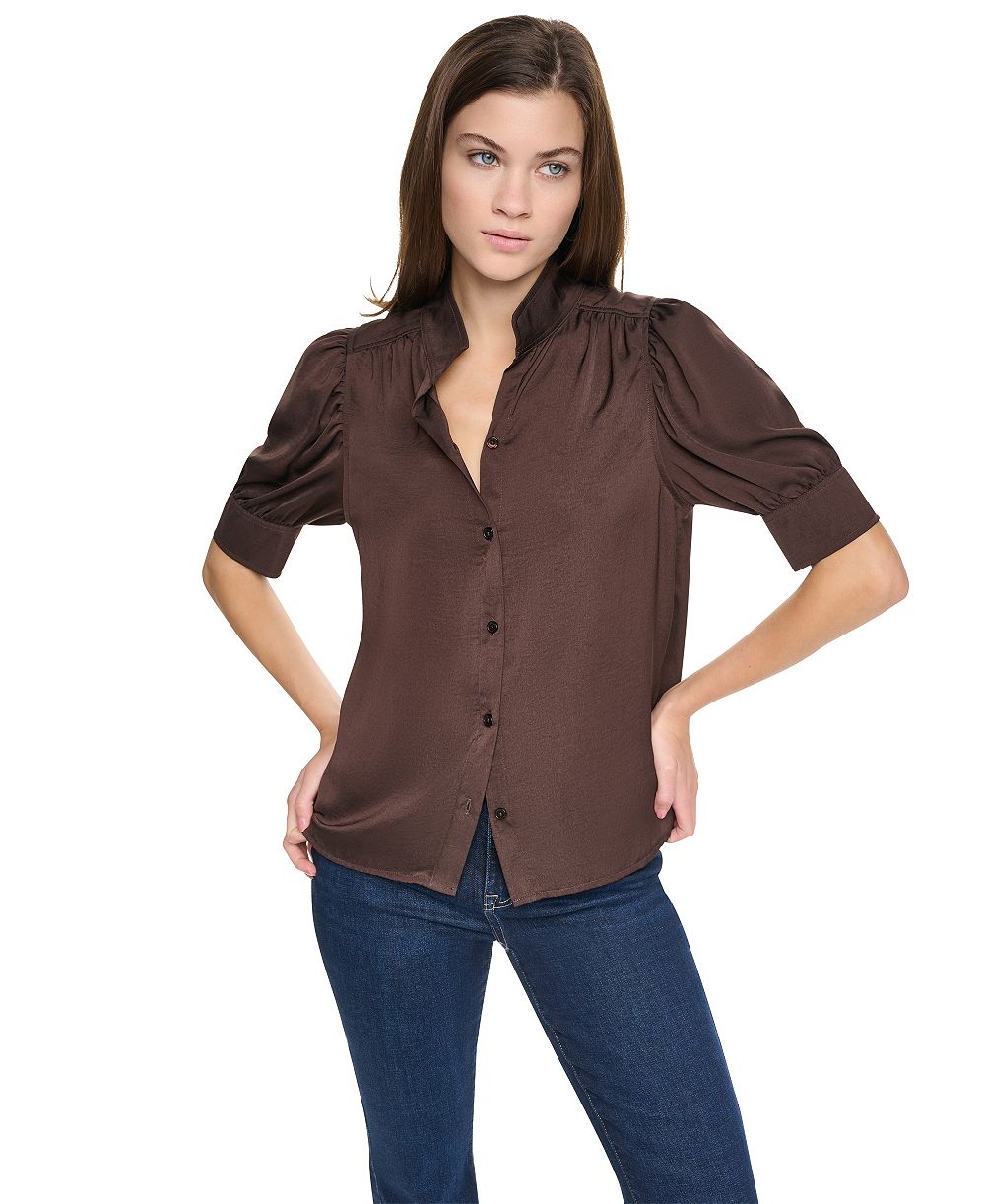 DKNY Jeans Women's Puff Sleeve Shirt With Stand Collar