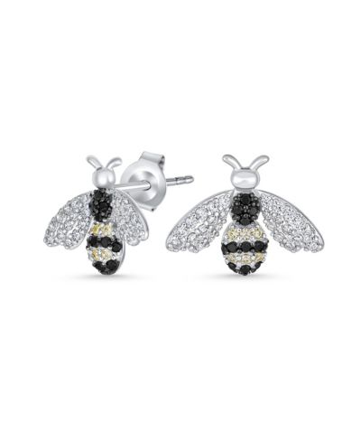 Bling Jewelry Garden Black White CZ Queen Bumble Bee Stud Earrings .925 Sterling Silver