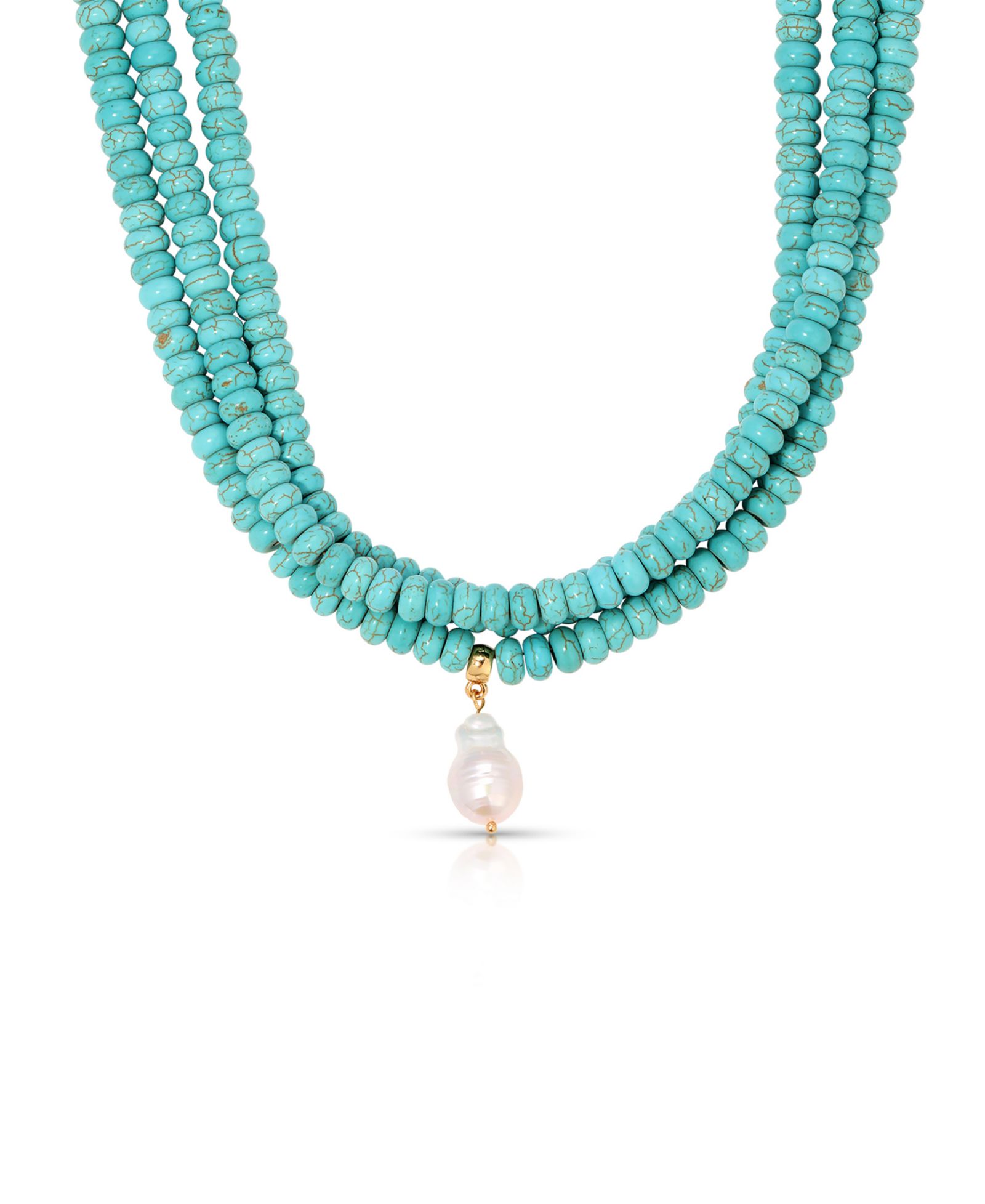 ETTIKA Triple Strand Turquoise Statement Necklace with Cultivated Pearl Dangle