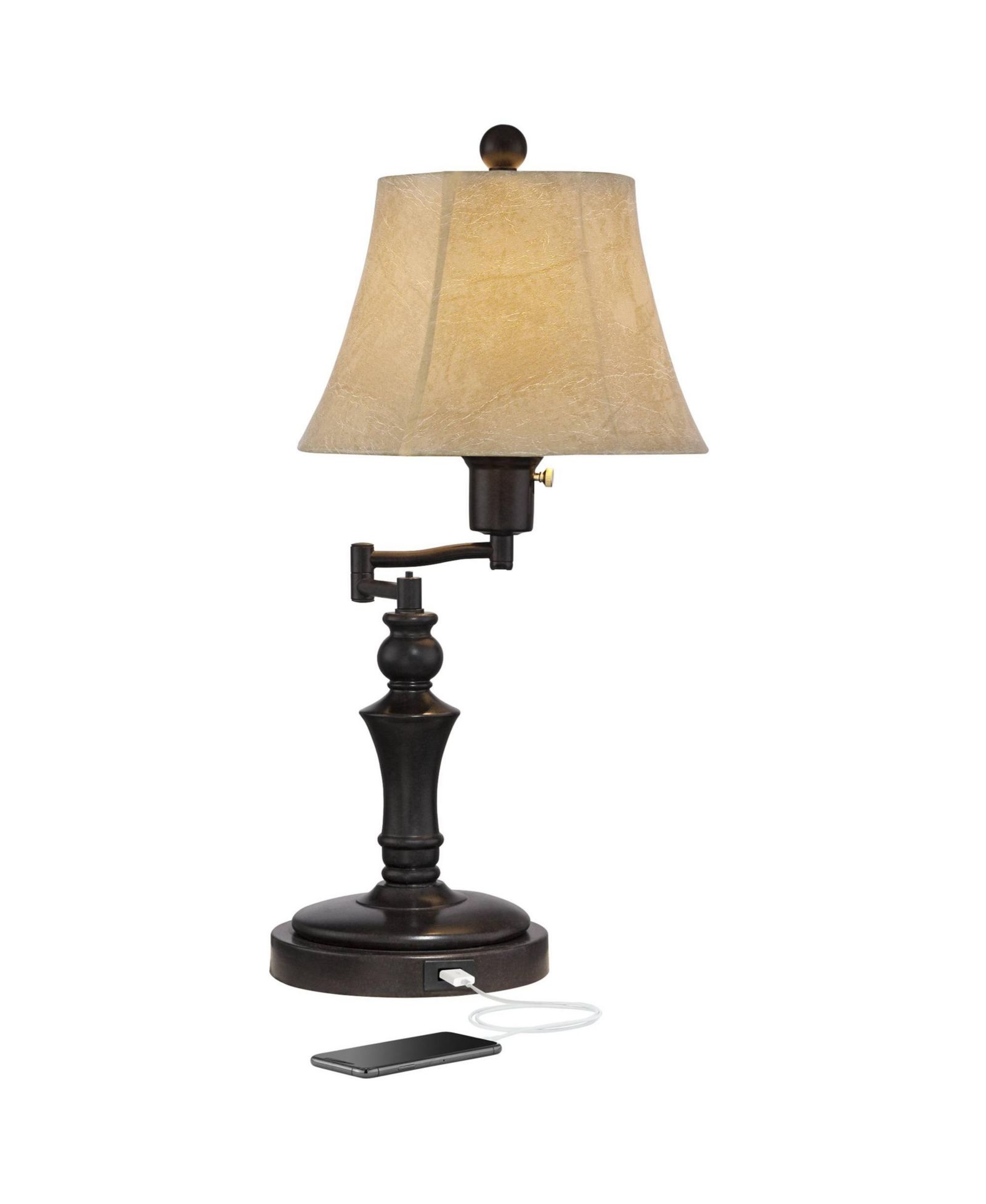 Regency Hill Traditional Desk Table Lamp Swing Arm with Hotel Style USB Charging Port 21.75" High Bronze Metal Faux Leather Bell Shade for Bedroom