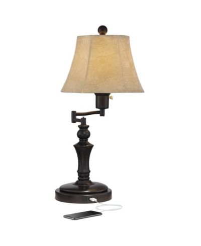 Regency Hill Traditional Desk Table Lamp Swing Arm with Hotel Style USB Charging Port 21.75" High Bronze Metal Faux Leather Bell Shade for Bedroom