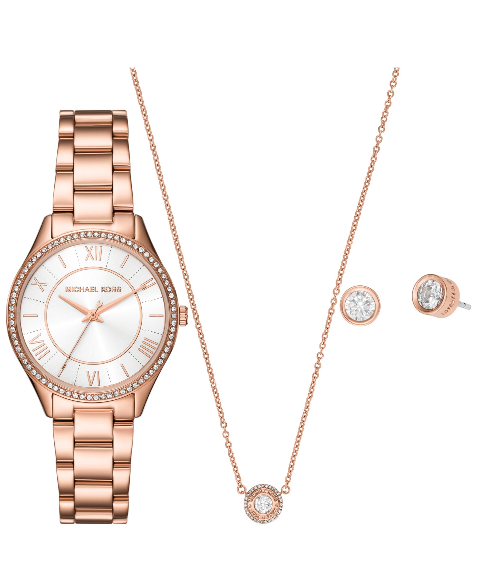 Michael Kors Женский Lauryn Three-Hand Rose Gold-Tone Stainless Steel Watch, Earrings and Necklace Gift Set 33mm