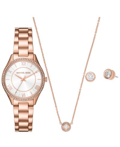 Michael Kors Женский Lauryn Three-Hand Rose Gold-Tone Stainless Steel Watch, Earrings and Necklace Gift Set 33mm
