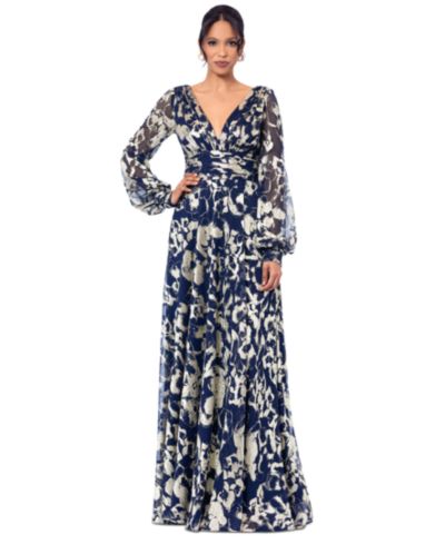 Betsy & Adam Petite Metallic Print Blouson-Sleeve Gown