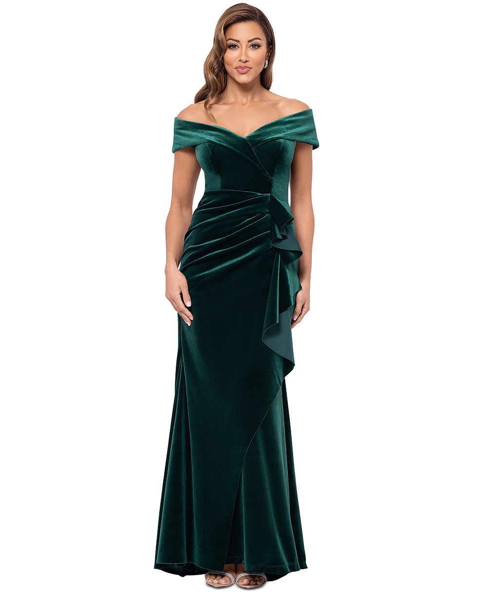 XSCAPE вечернее платье из бархата с оборками, открытые плечи, размер petite