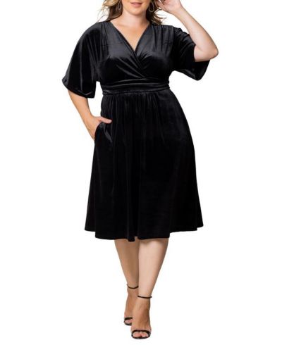 Kiyonna Plus Size Angelic Velvet Midi Cocktail Dress with Pockets