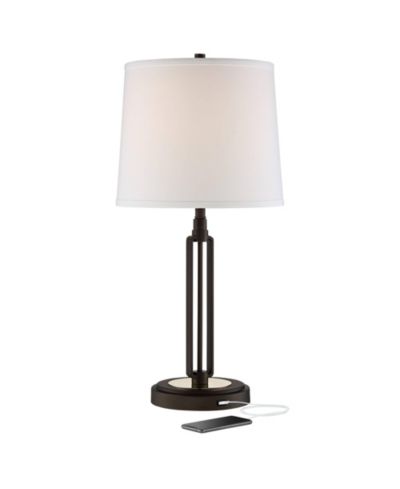 Franklin Iron Works Javier Industrial Table Lamp 24 1/2" High Bronze with USB Charging Port White Drum Shade for Bedroom Living Room Bedside Home Desk
