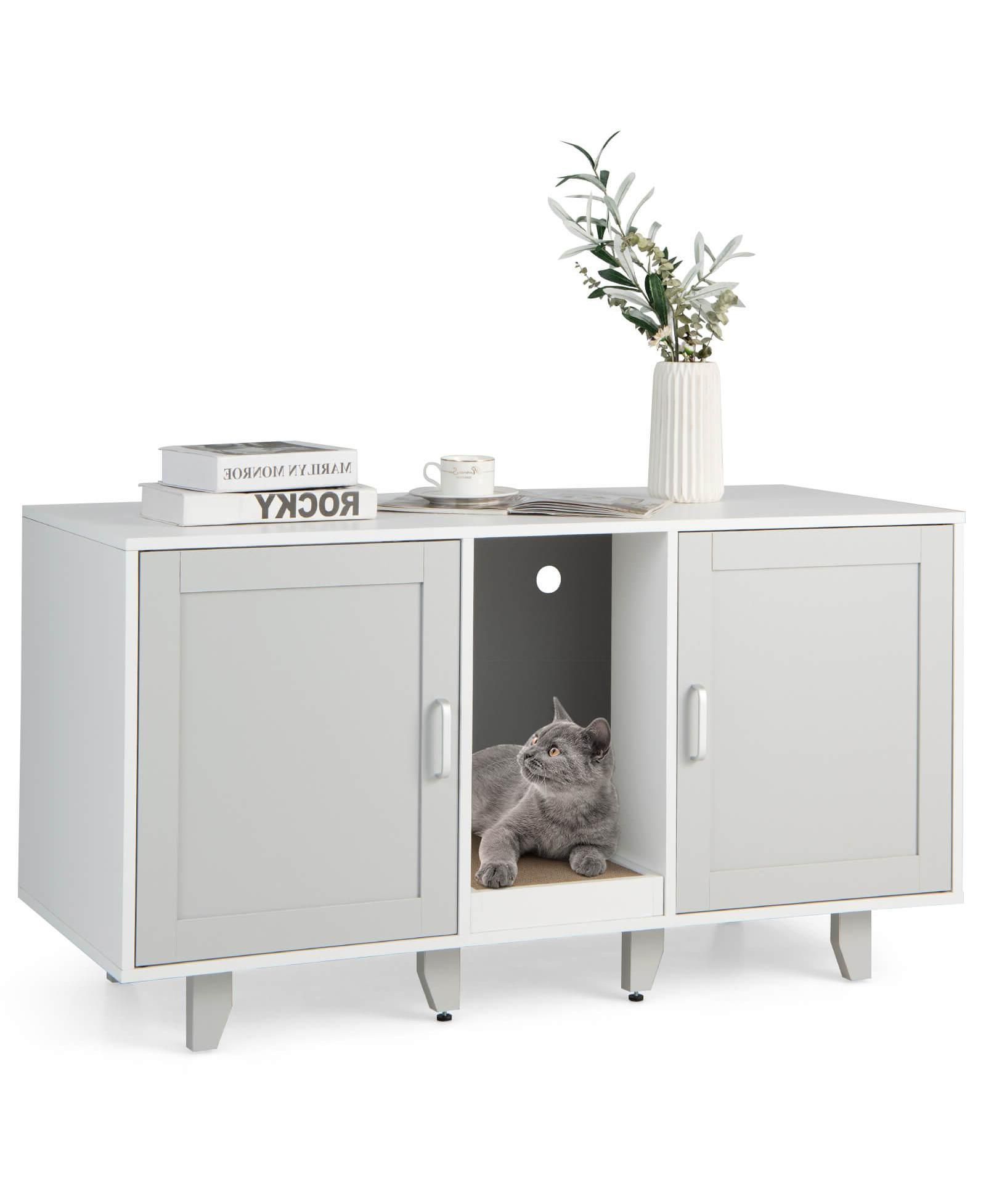 2-Door Cat Litter Box Enclosure with Winding Entry Path and Built-In Scratching Board, Hidden Pet Cabinet