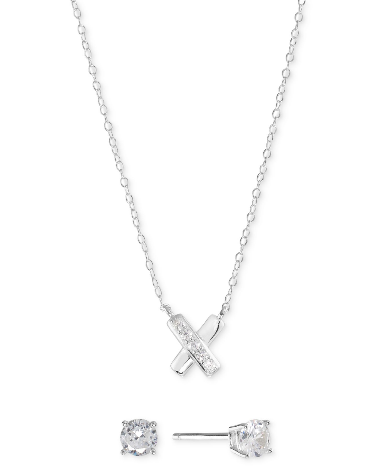 2-Pc Set Cubic Zirconia X Pendant Necklace & Solitaire Stud Earrings in Sterling Silver (Also available in 14k Gold over Sterling Silver