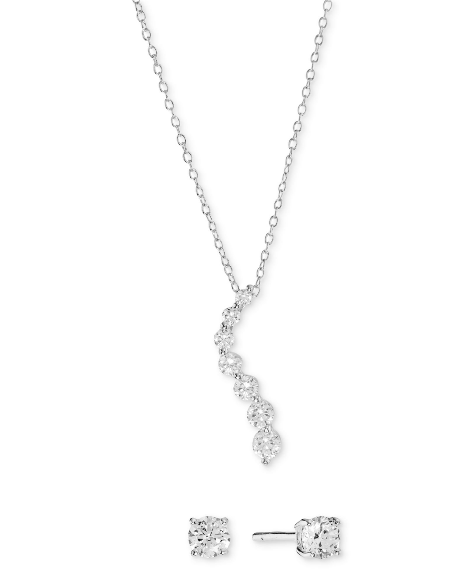 2-Pc Set Cubic Zirconia Journey Pendant Necklace & Solitaire Stud Earrings in Sterling Silver (Also availabe in 14k Gold over Sterling Silver)