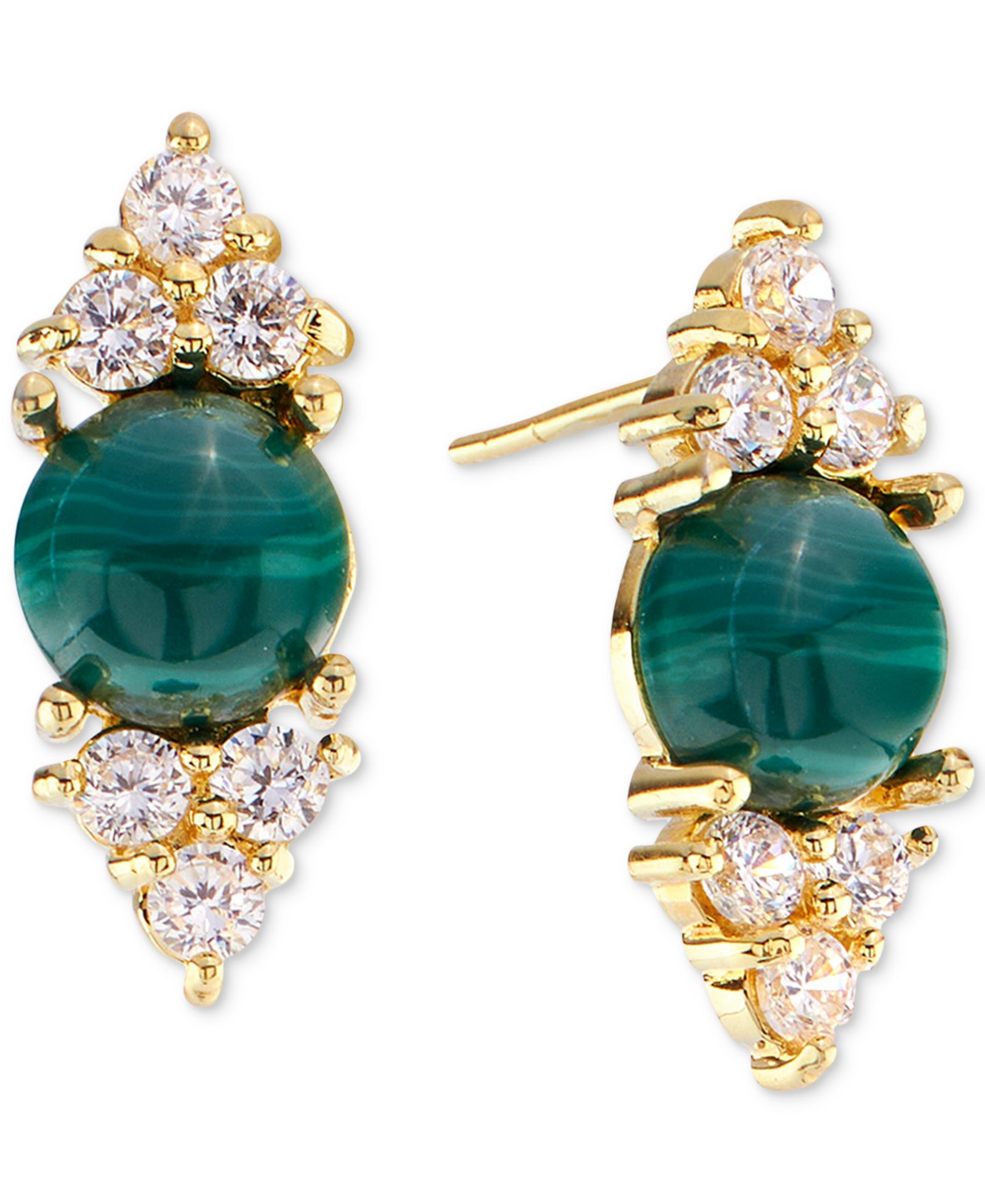 Серьги-гвоздики Malachite & Cubic Zirconia в позолоченном стерлинговом серебре 14k