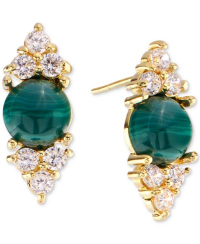 Серьги-гвоздики Malachite & Cubic Zirconia в позолоченном стерлинговом серебре 14k
