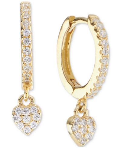 Cubic Zirconia Heart Charm Huggie Hoop Earrings (3/8 ct. t.w.) in 14k Gold over Sterling Silver