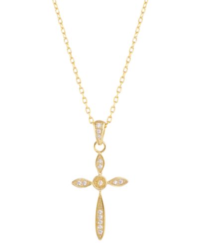 Cubic Zirconia Cross Pendant Necklace in 14k Gold-Plated Sterling Silver, 16" + 2" extender