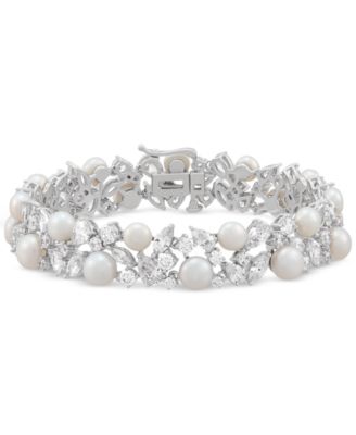 Arabella Cultured Freshwater Pearl (5 - 6-1/2mm) & Cubic Zirconia Statement Bracelet in Sterling Silver