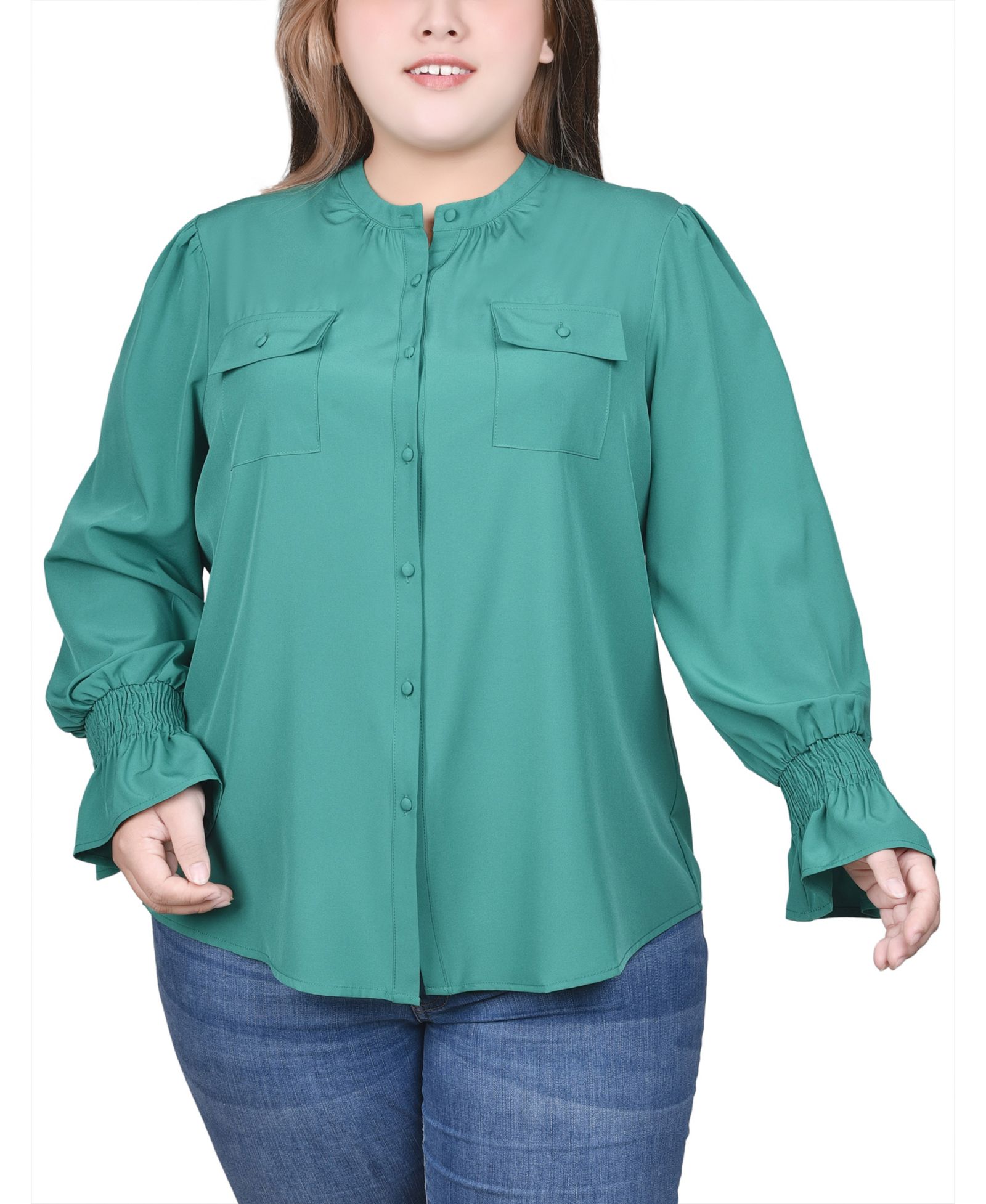NY Collection Plus Size Long Sleeve Mandarin Collar Blouse