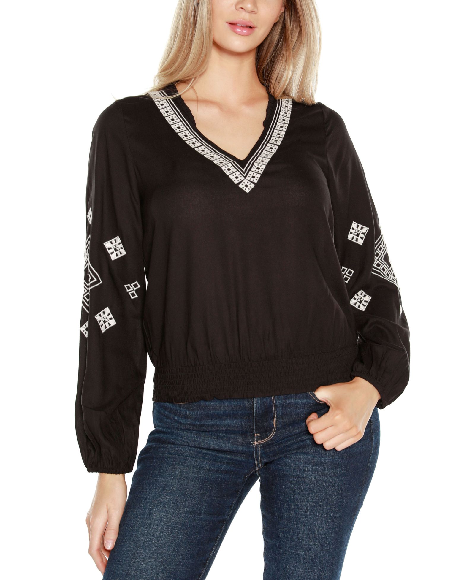 Belldini Black Label Women’s Embroidered Blouson Sleeve V-Neck Blouse Top