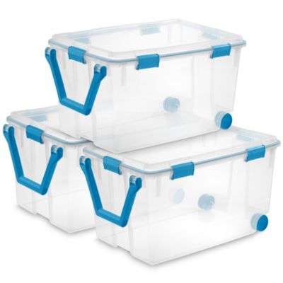 Sterilite 120 Qt Wheeled Gasket Box Stackable Storage Bin with Latch Lid, 3 Pack