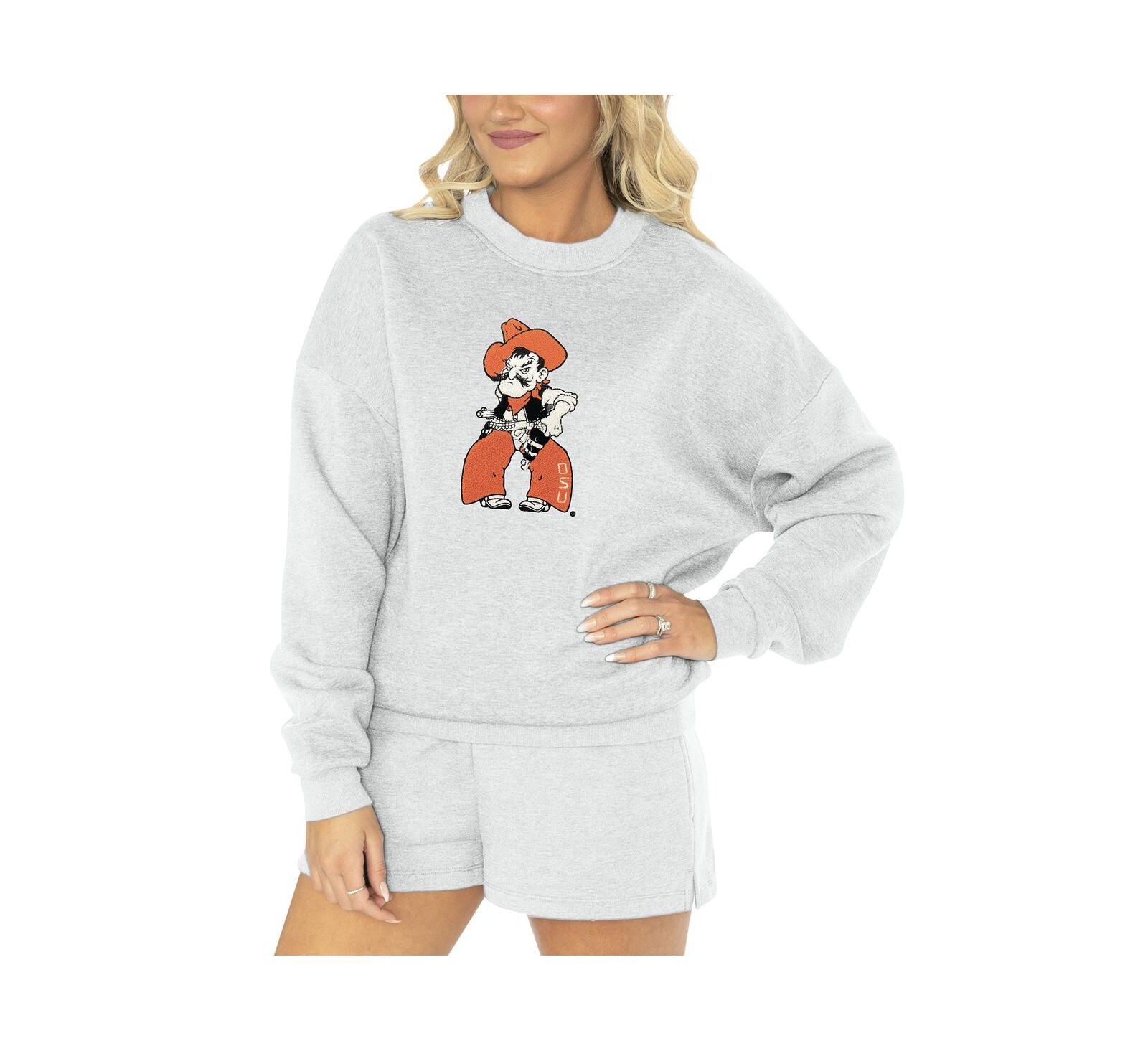 Gameday Couture Women's Ash Oklahoma State Cowboys Team Effort Pullover Sweatshirt Shorts Sleep Set