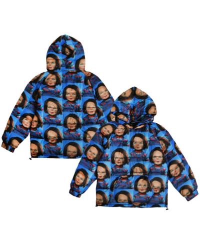 DUMBGOOD Men's Blue Chucky Repeat Puffer Hoodie Full-Zip Jacket