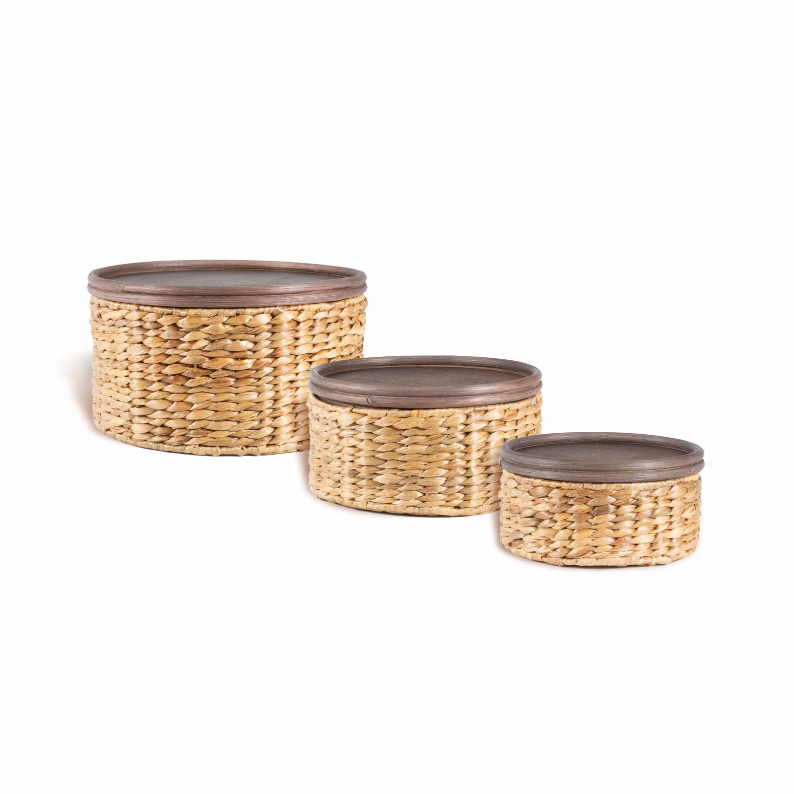 Jonathan Y Gouda Southwestern Hand-Woven Hyacinth Circular Nesting Baskets with Wood Lids (Set of 3)