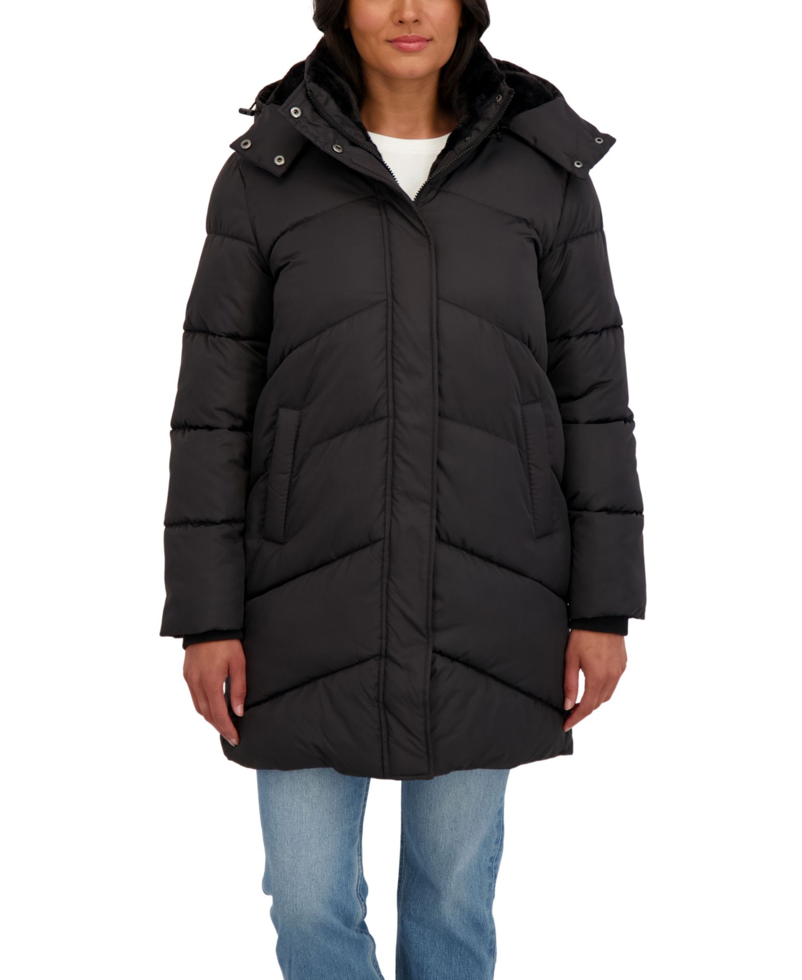 Sebby Collection Women's 3/4 Cozy Lined Hooded Puffer Coat