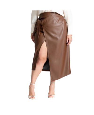 Женская юбка миди из искусственной кожи ELOQUII Wrap Front Faux Leather Midi Skirt
