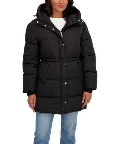 Sebby Collection Women's 3/4 Cozy Lined Hooded Puffer Coat With Drawstring Waist